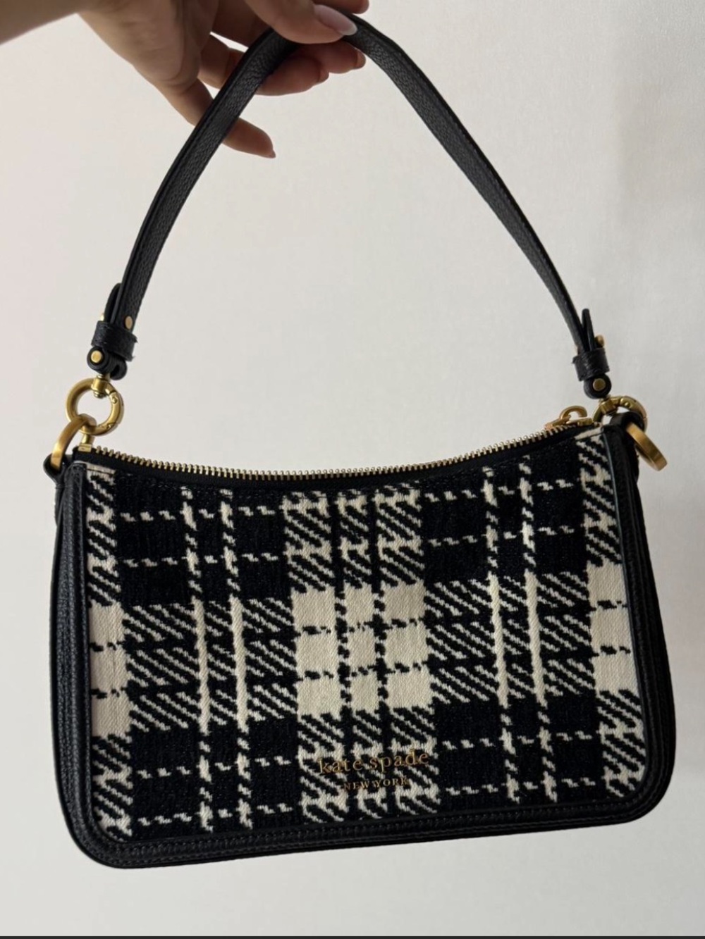 kate spade Black & Cream Plaid Shoulder Bag with Gold Hardware